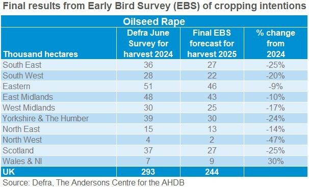 Table showing final Early Bird Survey UK oilseed rape area forecasts for harvets 2025